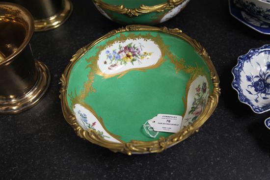 A pair of Sevres porcelain green ground bowls, c.1773, diameter incl. mounts 24cm (9.5in.), some decoration possibly later